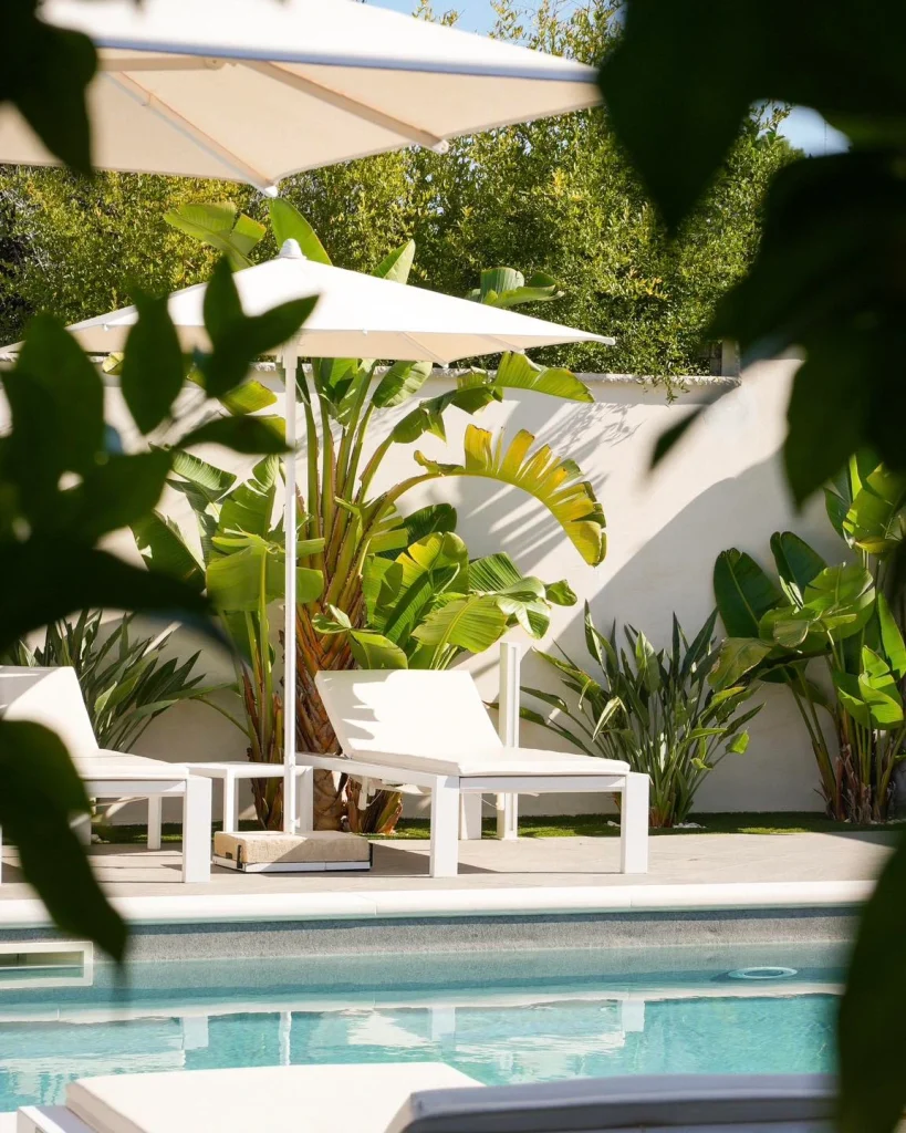 Lettini bianchi e piante tropicali a bordo piscina di Dimora Giulia